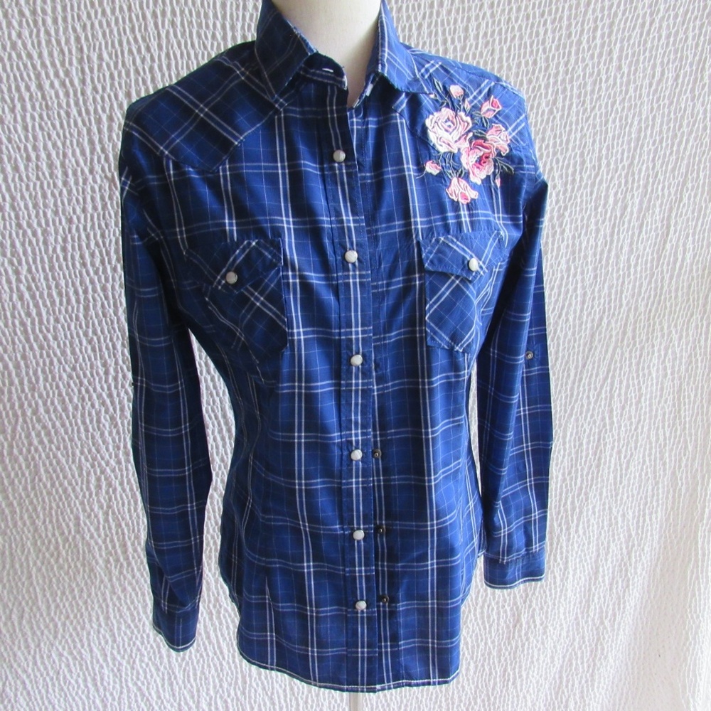 Womens Panhandle Slim Western Shirt S Blue Pearl Snaps Embroidered Long Sleeve